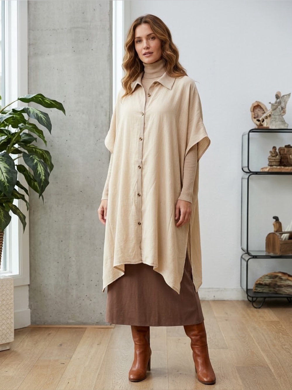 NWT Time and Tru Beige Button-Front Batwing Tunic Top Layering Over Shirt L/XL